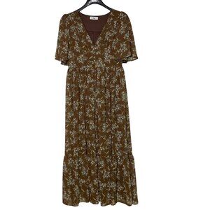 In Loom Floral Tiered Midi Dress Sz LG Boho Country Cottage Dainty
